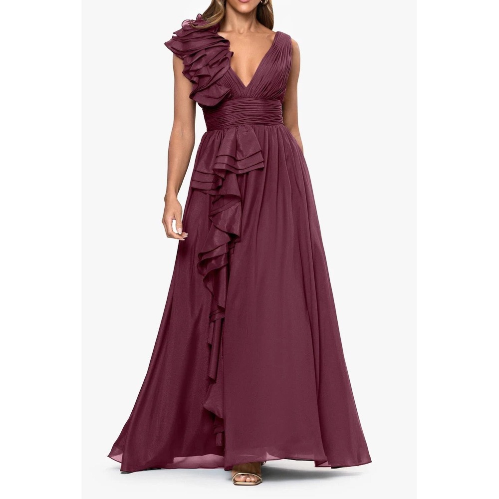 Xscape Womens Pleated Ruffle Shoulder Evening Gown Wine Burgundy Size 8 7195X